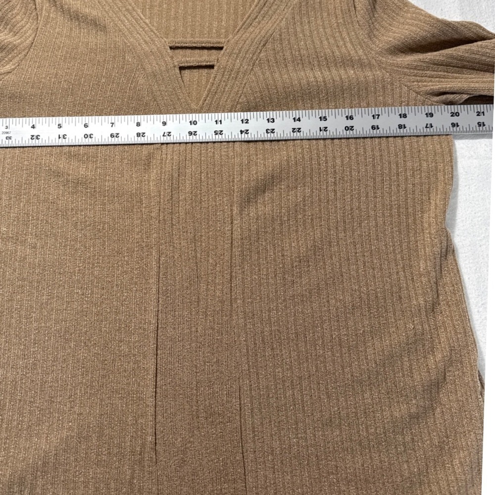 Ebizza Womens Ribbed V-Neck Long Sleeve Top Tan Brown Strap Detail Size Large - Picture 5 of 6